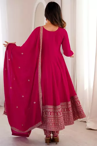 Pretty Pink Dori Embroidered Silk Engagement Wear Anarkali Pant Suit