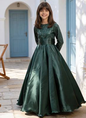 Luxe emerald green embroidered satin gown 1