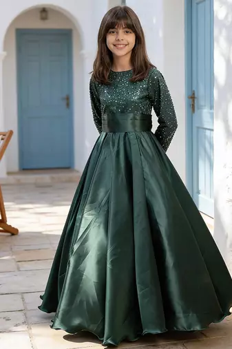 Luxe emerald green embroidered satin gown