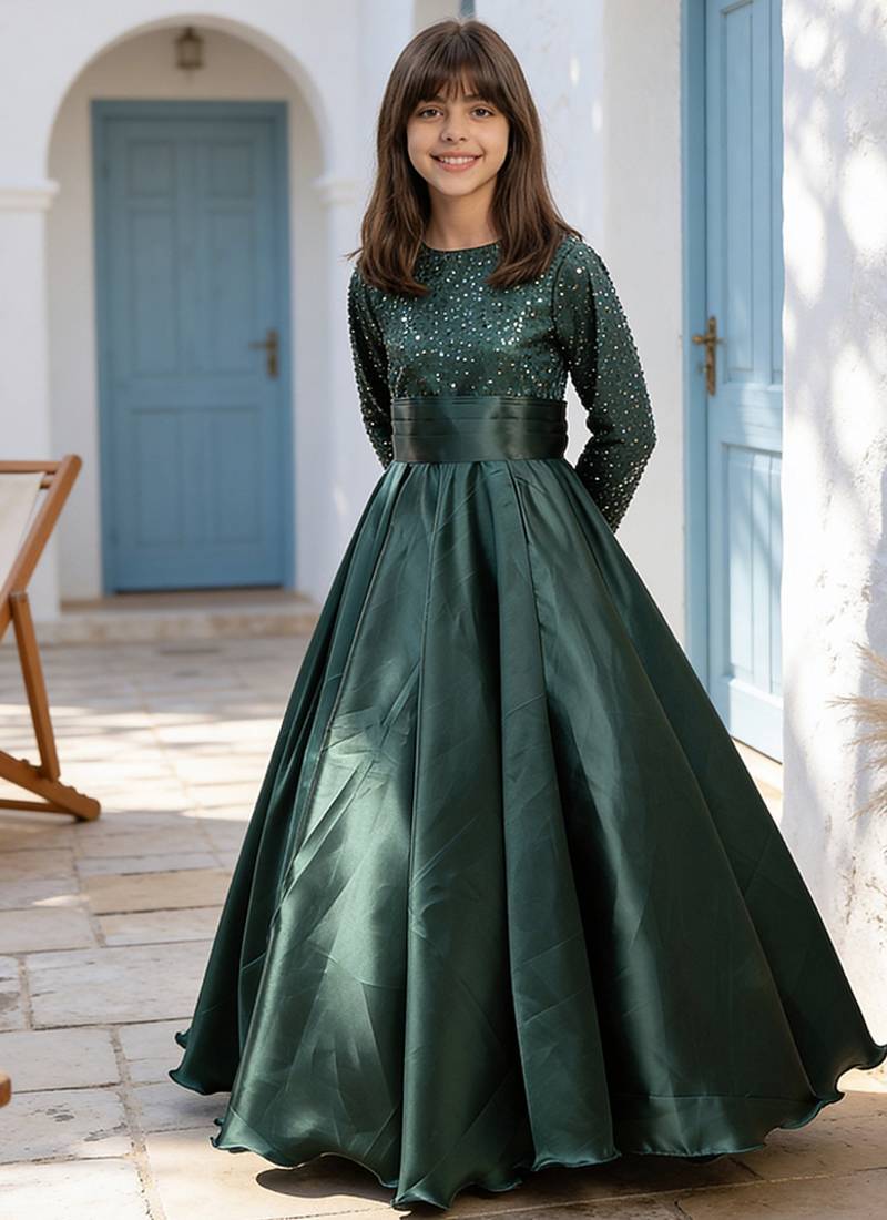 Luxe emerald green embroidered satin gown