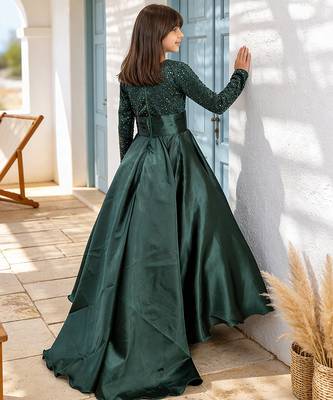 Luxe emerald green embroidered satin gown 2