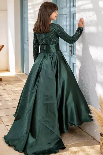 Luxe emerald green embroidered satin gown