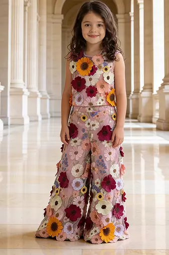 Pink embroidered multi floral net co ord set