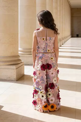Pink embroidered multi floral net co ord set