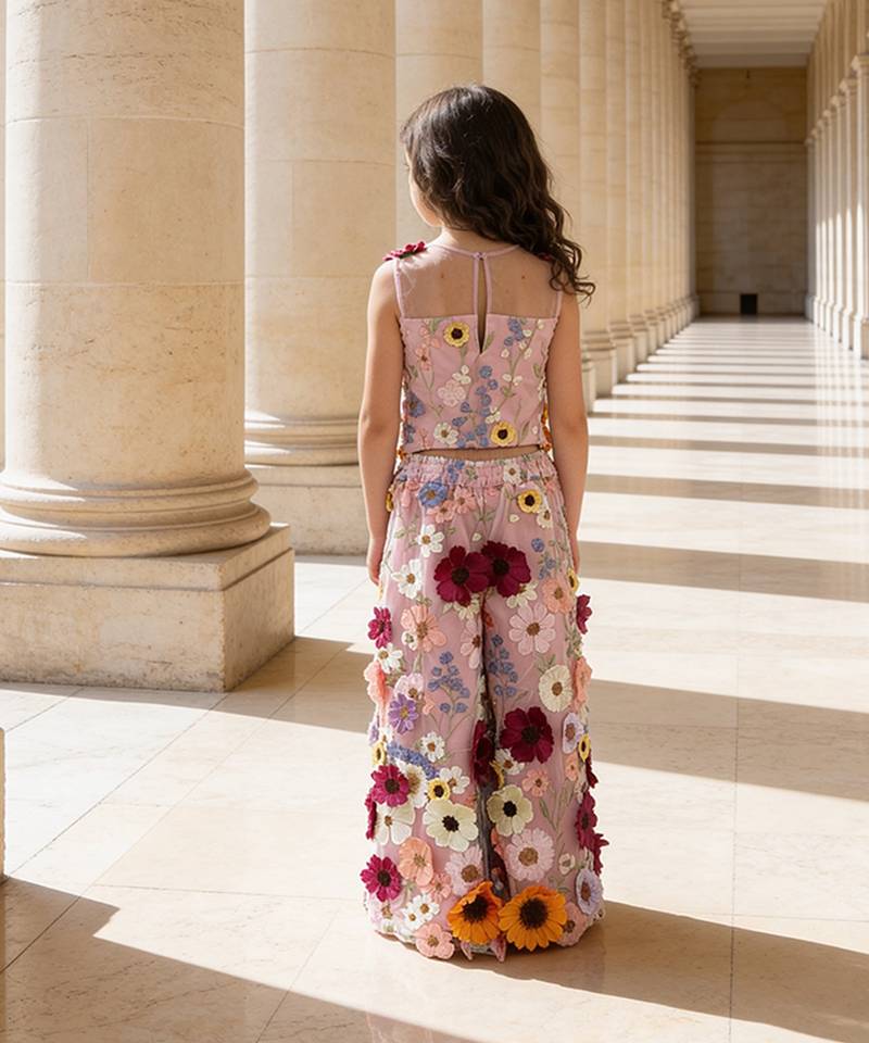 Pink embroidered multi floral net co ord set