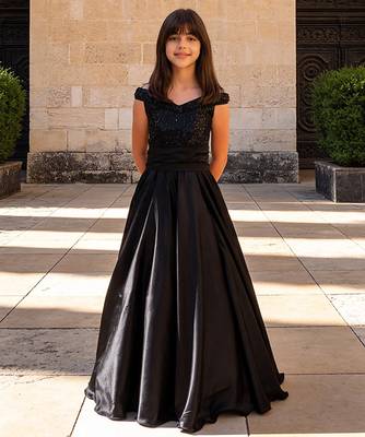 Luxe black embroidered satin gown 1