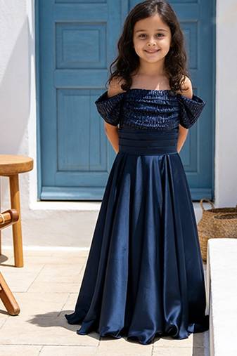 Luxe navy blue embroidered satin gown