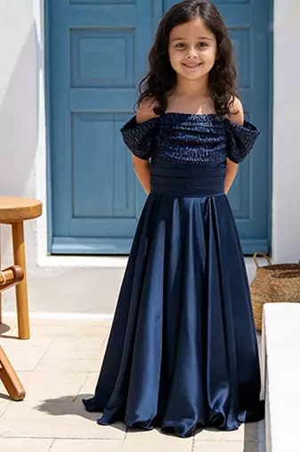 Luxe navy blue embroidered satin gown