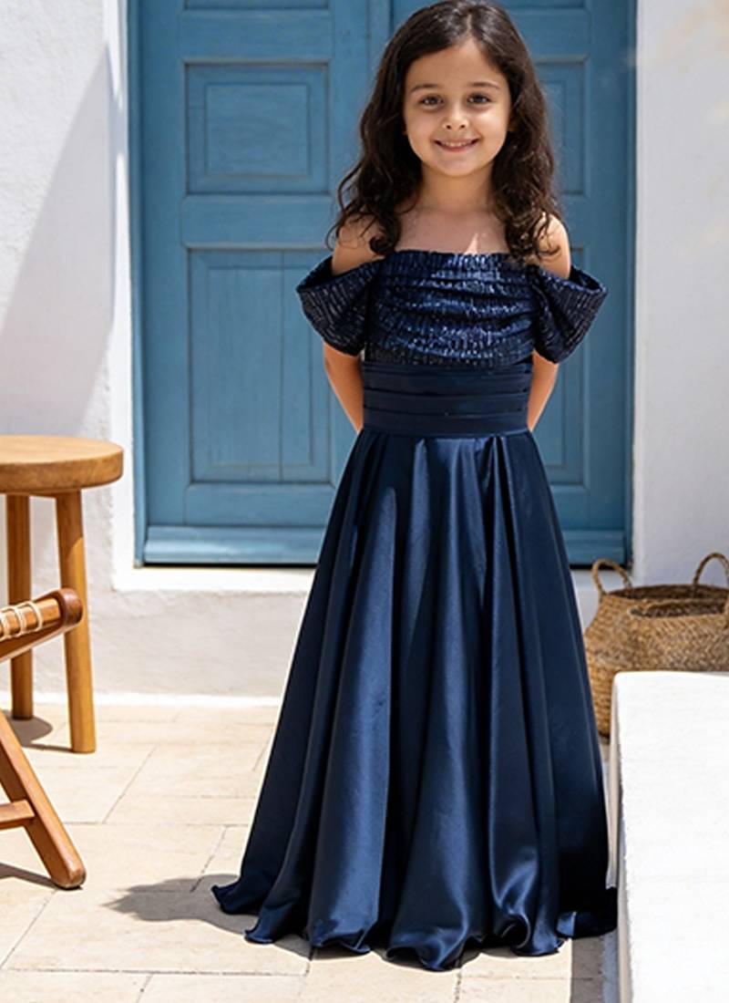 Luxe navy blue embroidered satin gown
