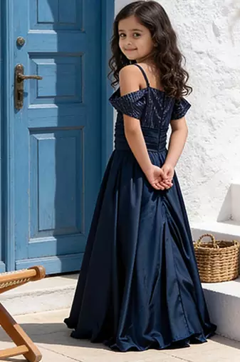 Luxe navy blue embroidered satin gown