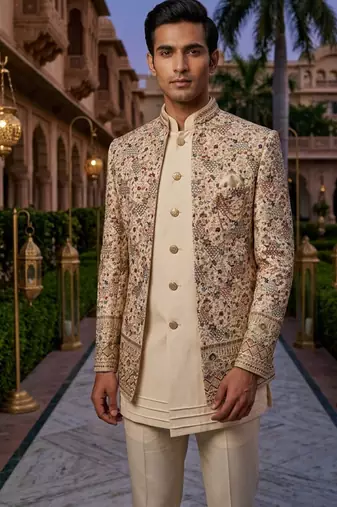 Cream thread and sequins embroidered short indowestern