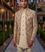 cream sequins embroidered silk blend indowestern set