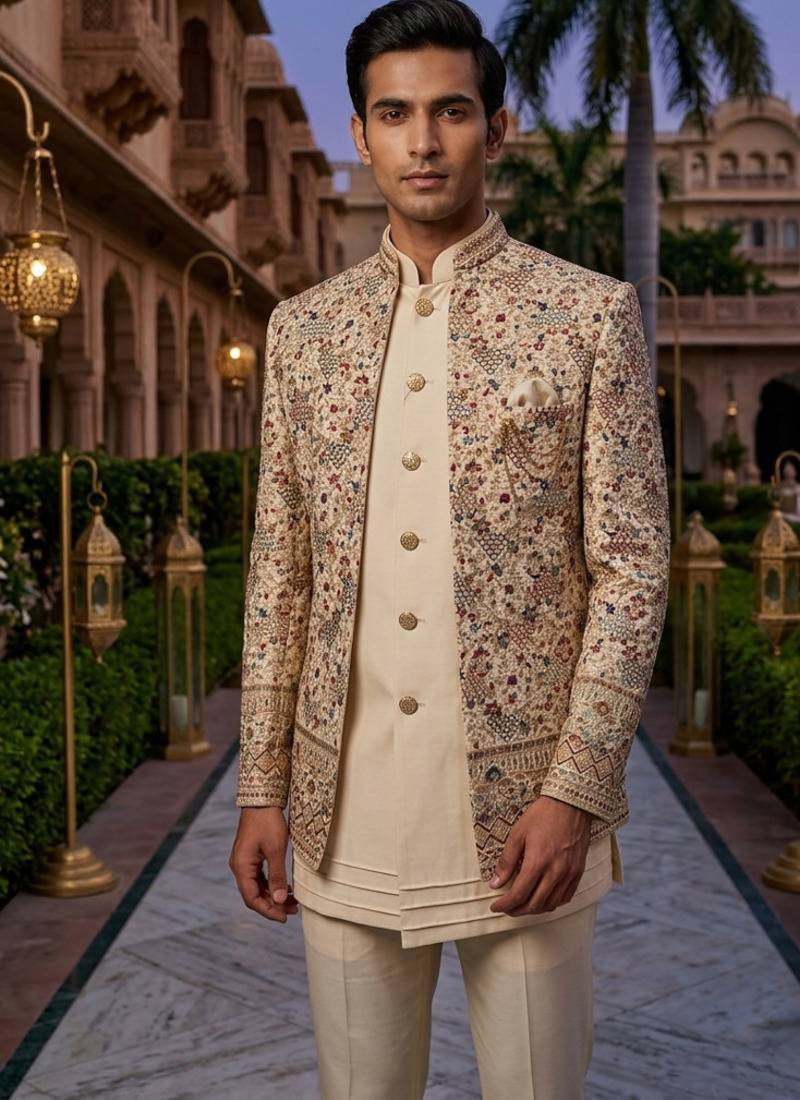 Cream thread and sequins embroidered short indowestern