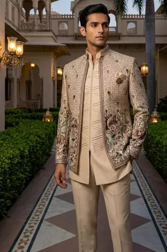 Beige embroidered short indowestern with pintex kurta