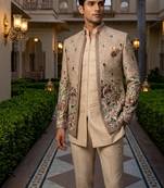 Beige embroidered short indowestern with pintex kurta
