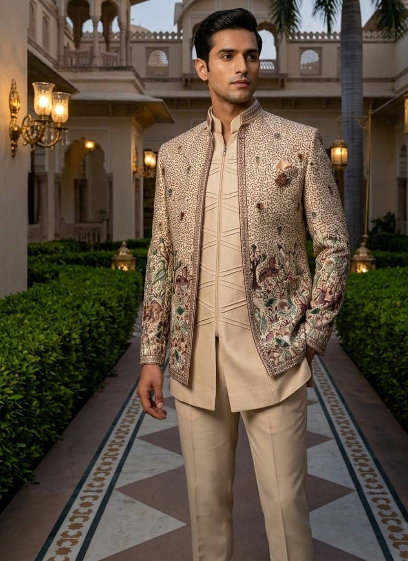 Beige embroidered short indowestern with pintex kurta