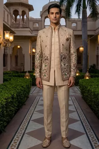 beige embroidered silk indowestern jacket set