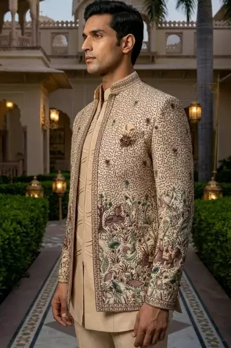 beige embroidered silk indowestern jacket set
