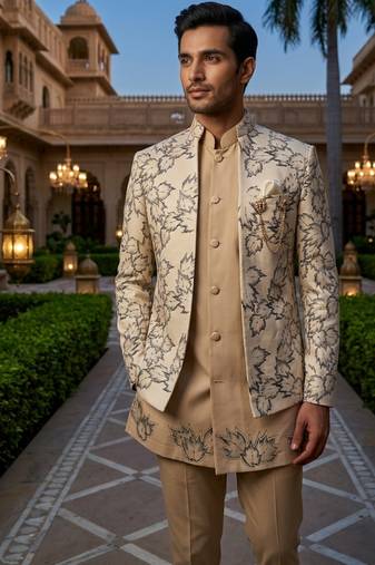 Ivory thread and sequins embroidered short indowestern