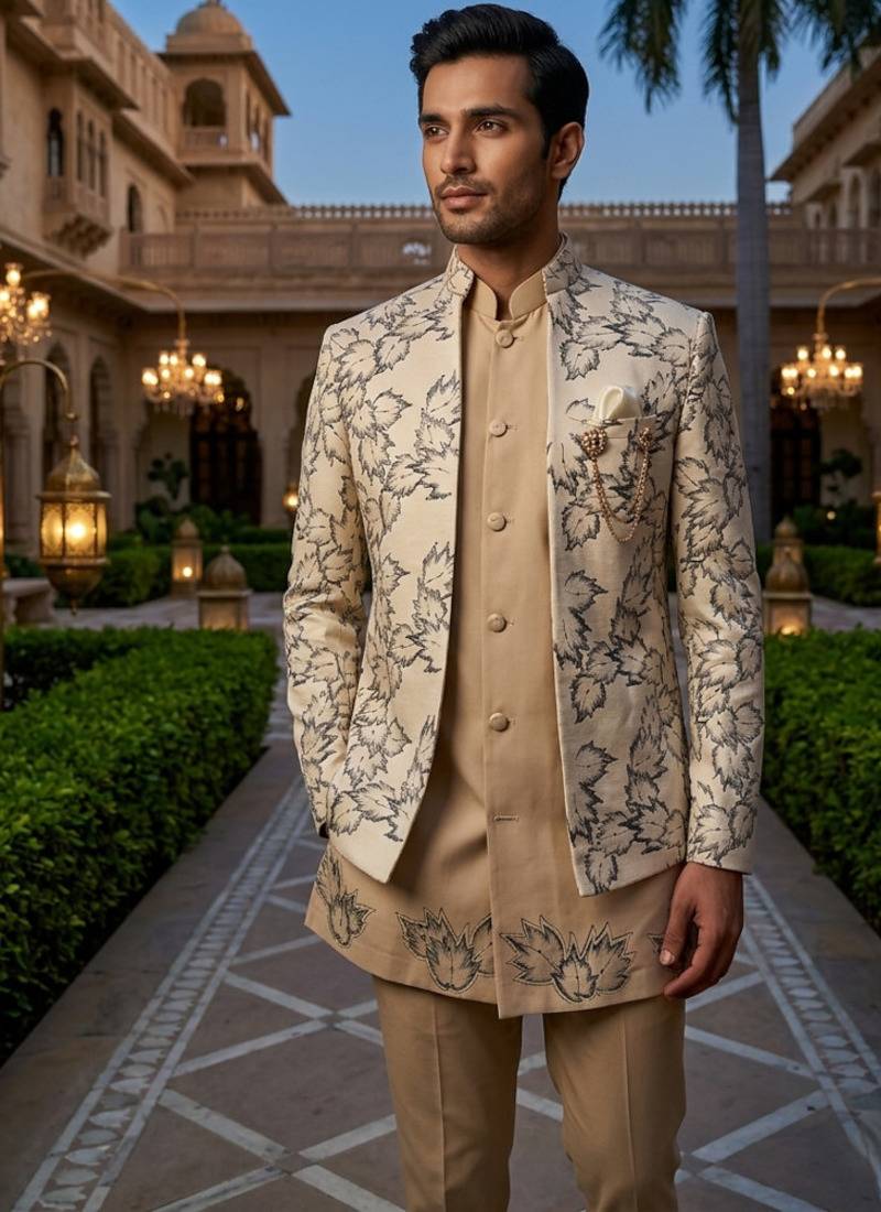 Ivory thread and sequins embroidered short indowestern