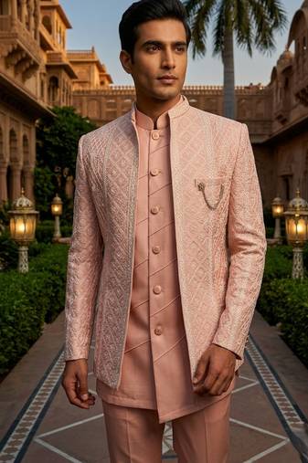 Pink thread and sequins embroidered short indowestern