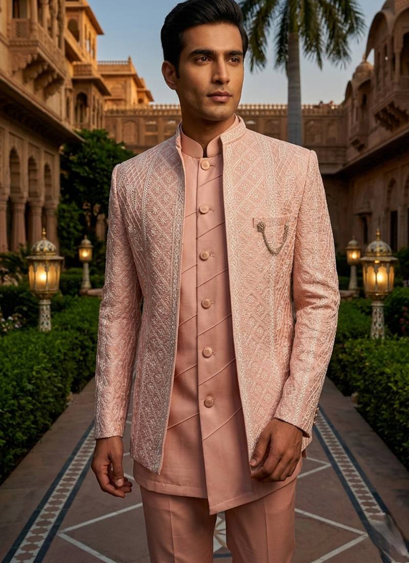 Pink thread and sequins embroidered short indowestern