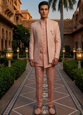 pink sequins embroidered silk indowestern jacket set 2