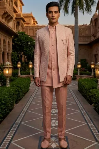 pink sequins embroidered silk indowestern jacket set