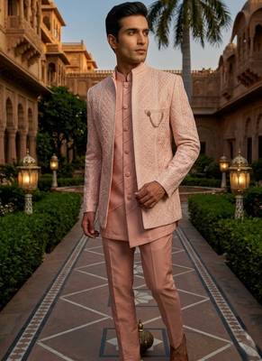 pink sequins embroidered silk indowestern jacket set 3