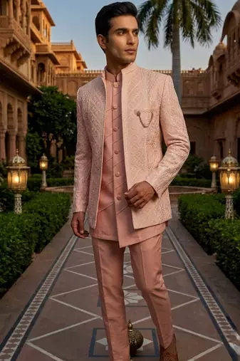 pink sequins embroidered silk indowestern jacket set