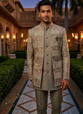 grey sequins embroidered silk indowestern jacket set 1