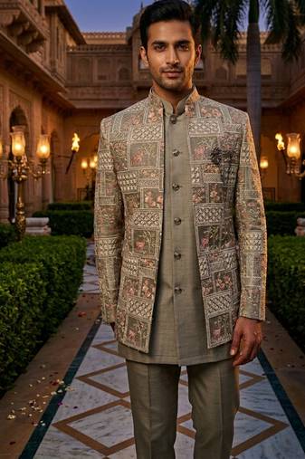 Grey thread and sequins embroidered short indowestern