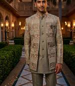 Grey thread and sequins embroidered short indowestern