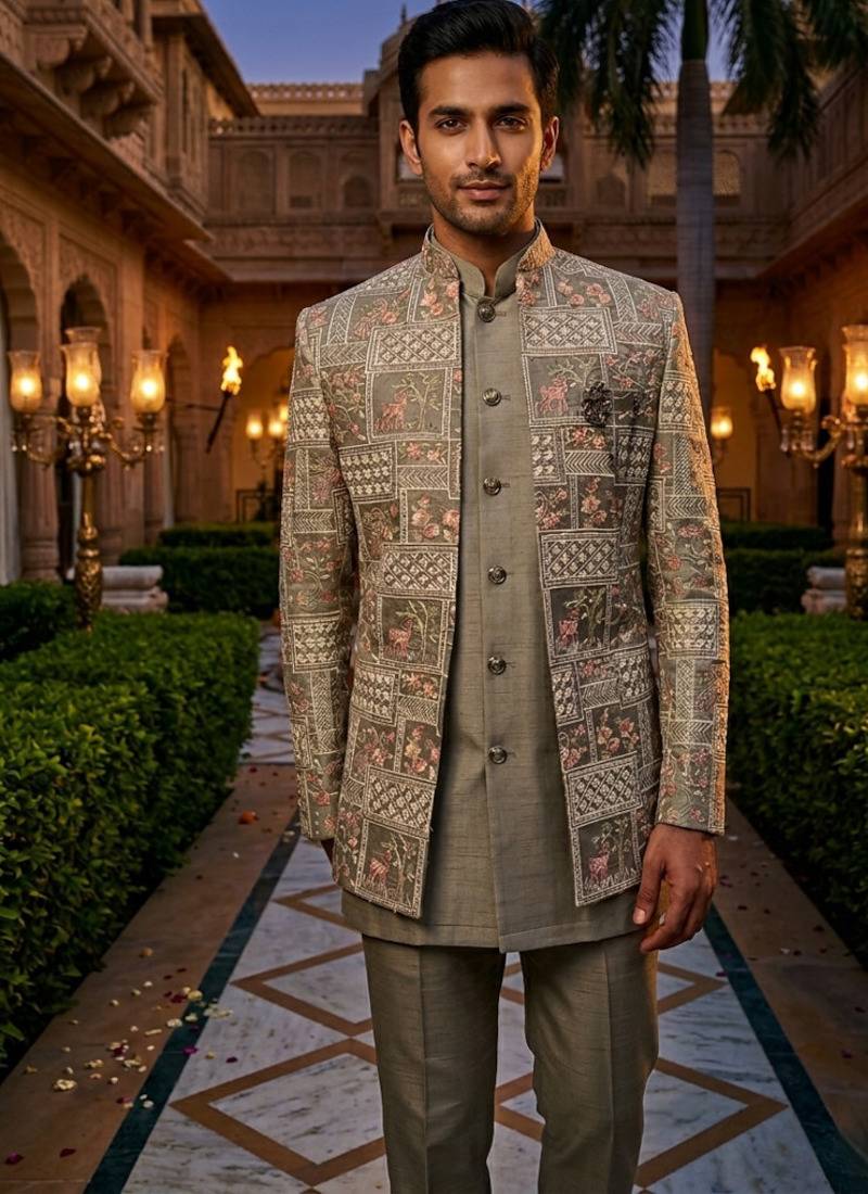 Grey thread and sequins embroidered short indowestern