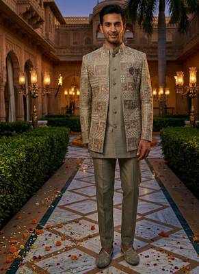 grey sequins embroidered silk indowestern jacket set 2