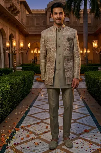 grey sequins embroidered silk indowestern jacket set