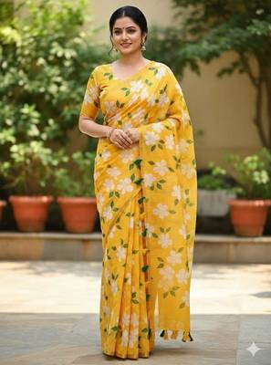 yellow floral printed linen cotton saree 2