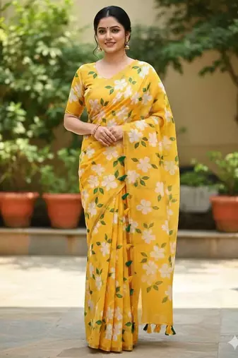 yellow floral printed linen cotton saree