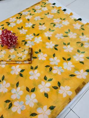yellow floral printed linen cotton saree 3