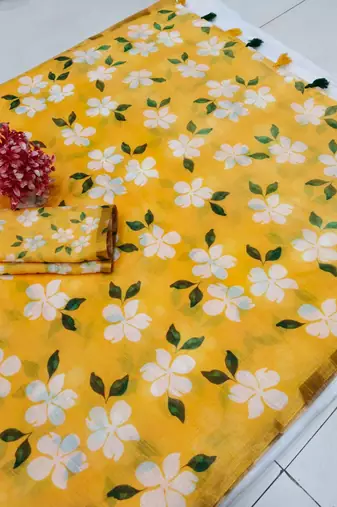 yellow floral printed linen cotton saree