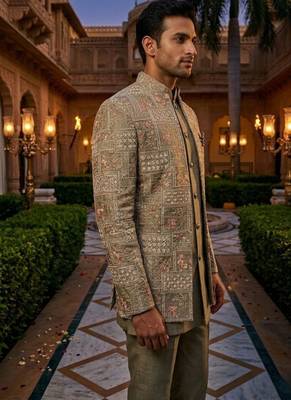 grey sequins embroidered silk indowestern jacket set 3