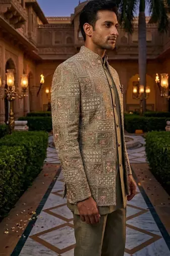 grey sequins embroidered silk indowestern jacket set
