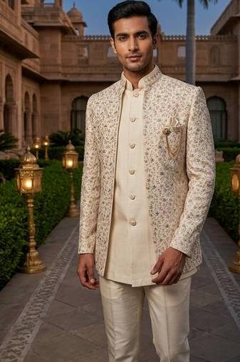 Cream thread and sequins embroidered short indowestern