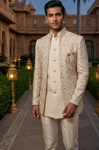 Cream thread and sequins embroidered short indowestern