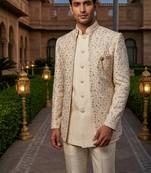 cream sequins embroidered silk indowestern jacket set