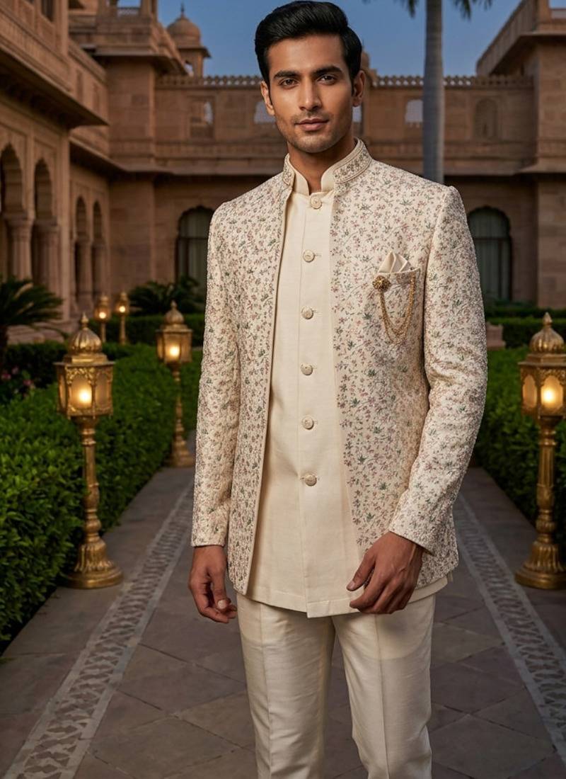 Cream thread and sequins embroidered short indowestern