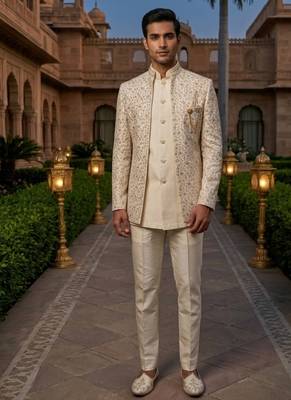 cream sequins embroidered silk indowestern jacket set 2