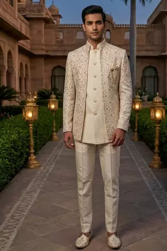 cream sequins embroidered silk indowestern jacket set