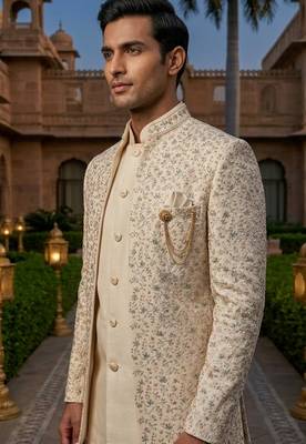 cream sequins embroidered silk indowestern jacket set 3