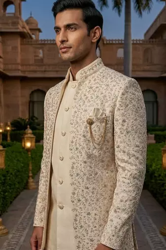 cream sequins embroidered silk indowestern jacket set